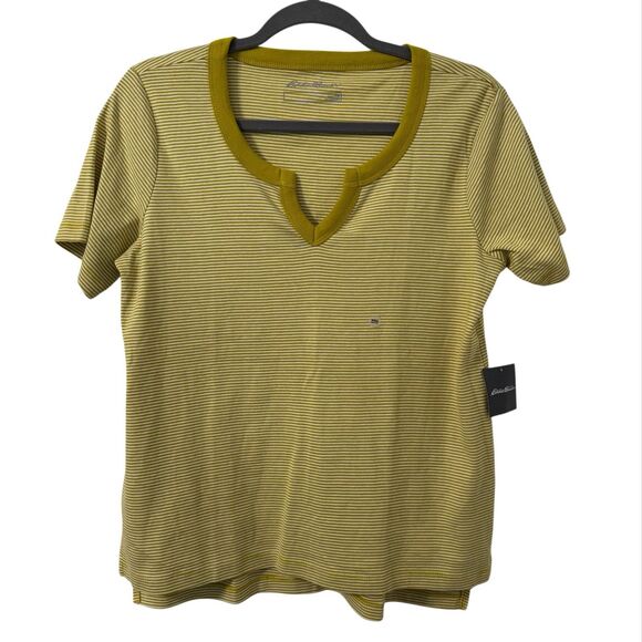 Eddie Bauer Womens Cotton Short Sleeve Shirt Top Medium Mossy Green Striped - Picture 1 of 6